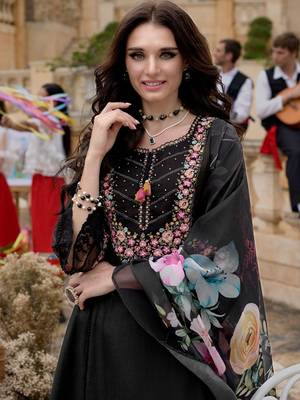Floral Yoke Design Thread Work A-Line Kurta With Trousers & Dupatta 2