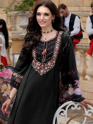 Floral Yoke Design Thread Work A-Line Kurta With Trousers & Dupatta 3