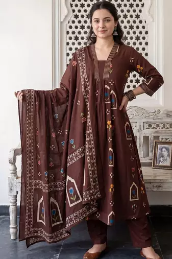 Women Floral Printed Regular Pure Cotton Kurta with Trousers & With Dupatta