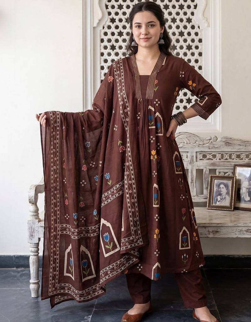 Women Floral Printed Regular  Cotton Kurta with Trousers & With Dupatta
