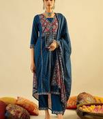 Women Ethnic Motifs Printed Regular Thread Work  Cotton Kurta with Trousers & With Dupatta
