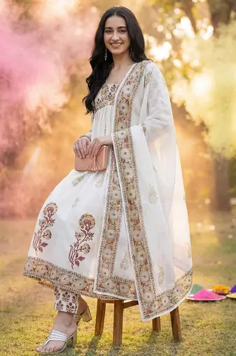 Floral Printed Empire Pure Cotton Kurta with Trousers & With Dupatta