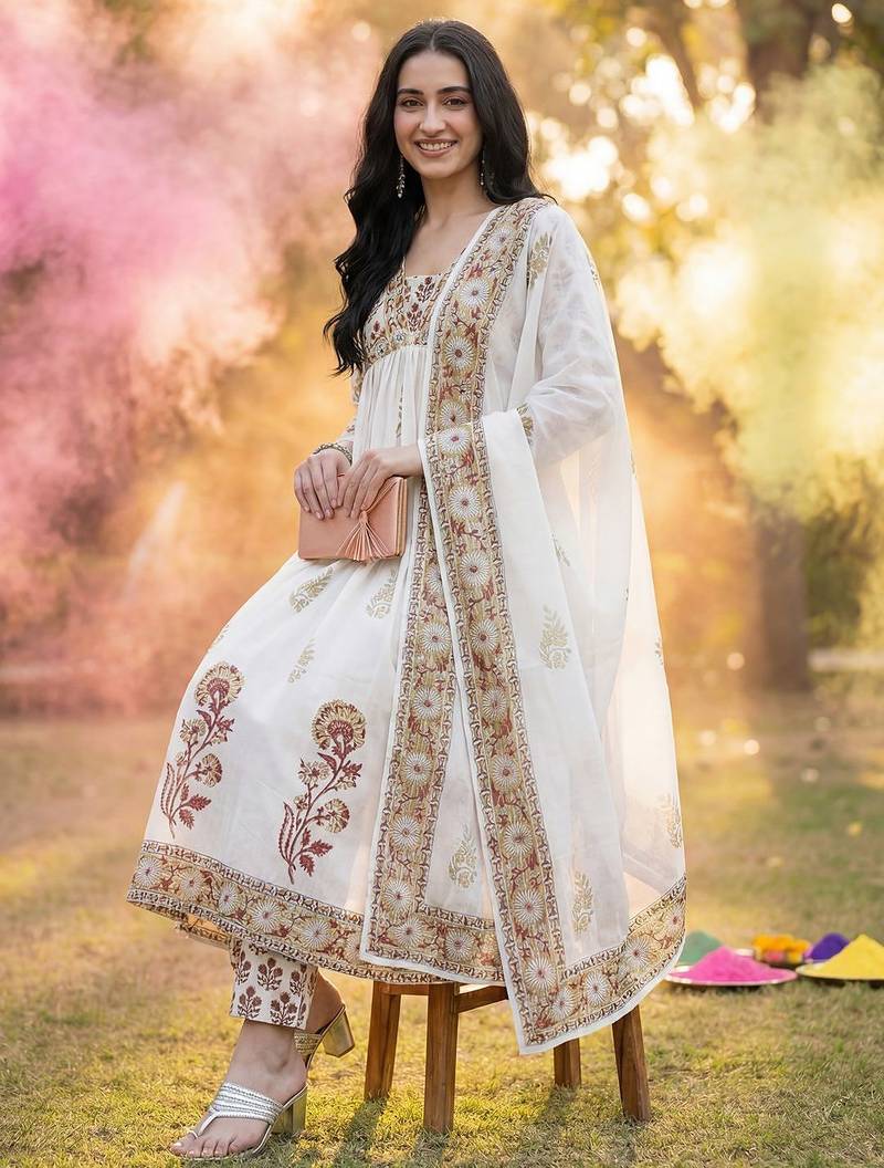 Floral Printed Empire Pure Cotton Kurta with Trousers & With Dupatta
