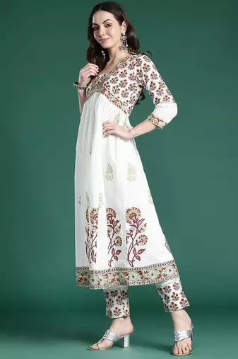 Floral Printed Empire Pure Cotton Kurta with Trousers & With Dupatta