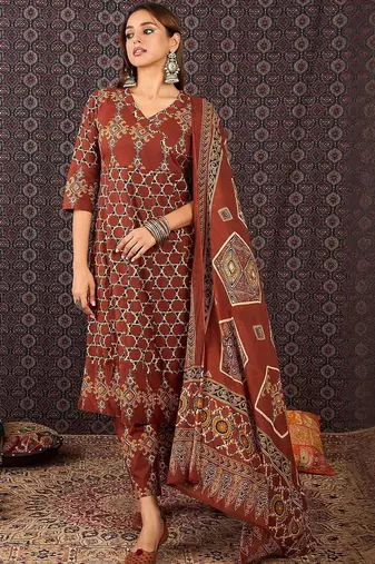 Women Ethnic Motifs Printed Regular Pure Cotton Kurta Trousers With Dupatta