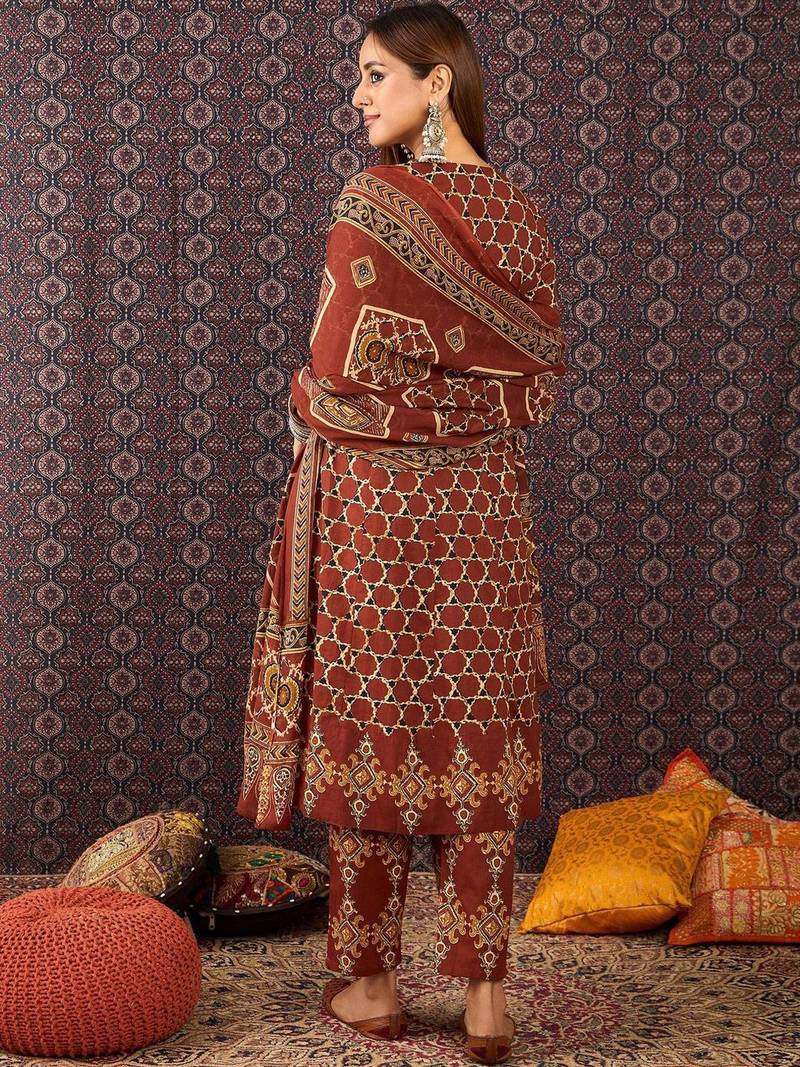 Women Ethnic Motifs Printed Regular Pure Cotton Kurta Trousers With Dupatta