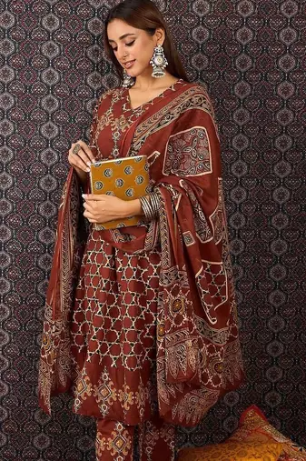 Women Ethnic Motifs Printed Regular Pure Cotton Kurta Trousers With Dupatta