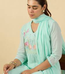 women floral embroidered cotton kurta with trousers & dupatta