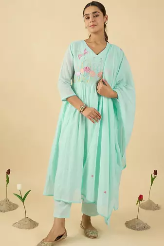 women floral embroidered cotton kurta with trousers & dupatta