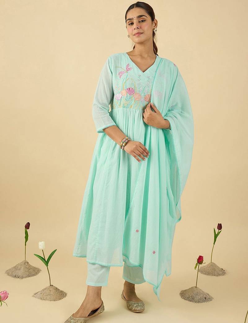 women floral embroidered cotton kurta with trousers & dupatta