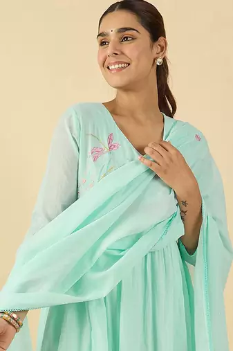 women floral embroidered cotton kurta with trousers & dupatta