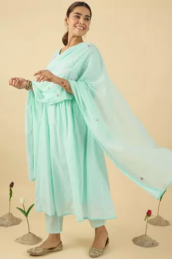 women floral embroidered cotton kurta with trousers & dupatta