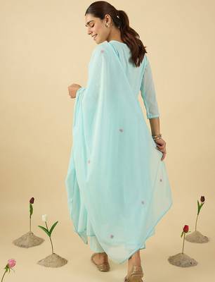 women floral embroidered cotton kurta with trousers & dupatta 5