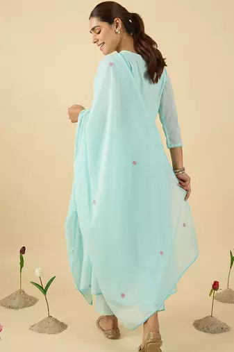 women floral embroidered cotton kurta with trousers & dupatta