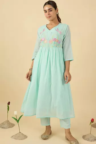 women floral embroidered cotton kurta with trousers & dupatta