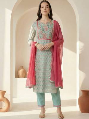 Women Floral Printed Regular Mirror Work  Cotton Kurta with Trousers & With Dupatta 1