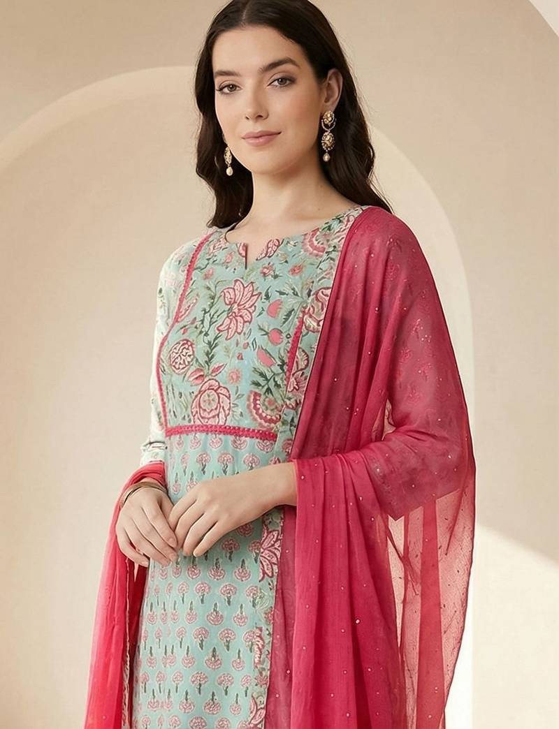 Women Floral Printed Regular Mirror Work  Cotton Kurta with Trousers & With Dupatta