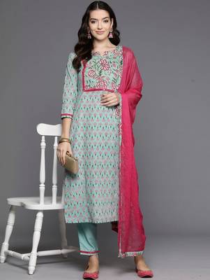 Women Floral Printed Regular Mirror Work  Cotton Kurta with Trousers & With Dupatta 3
