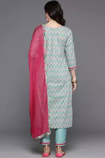 Women Floral Printed Regular Mirror Work  Cotton Kurta with Trousers & With Dupatta