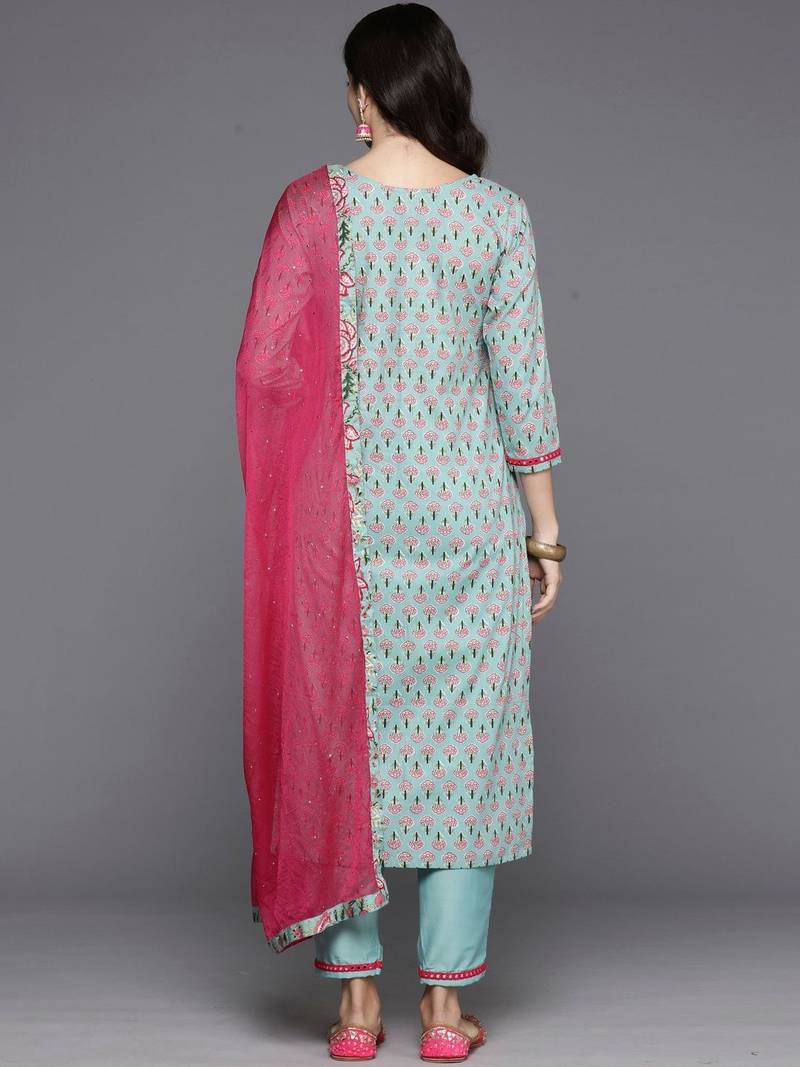 Women Floral Printed Regular Mirror Work  Cotton Kurta with Trousers & With Dupatta