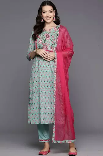 Women Floral Printed Regular Mirror Work  Cotton Kurta with Trousers & With Dupatta