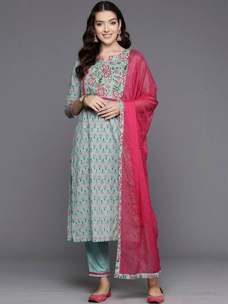Women Floral Printed Regular Mirror Work  Cotton Kurta with Trousers & With Dupatta