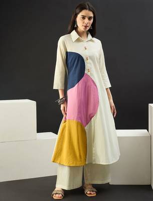 Women Colourblocked Regular Pure Cotton Kurta with Palazzos 1