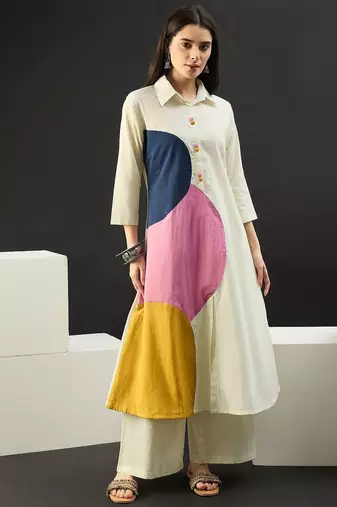 Women Colourblocked Regular Pure Cotton Kurta with Palazzos