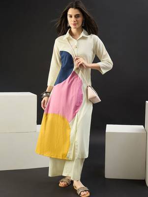 Women Colourblocked Regular Pure Cotton Kurta with Palazzos 2