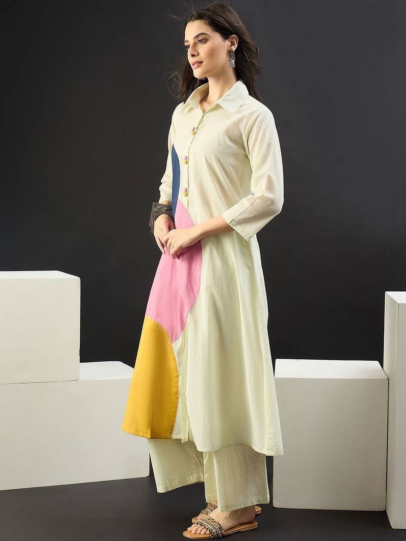 Women Colourblocked Regular Pure Cotton Kurta with Palazzos