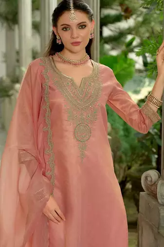 Floral Yoke Design Notch Neck Straight Kurta With Trousers & Dupatta