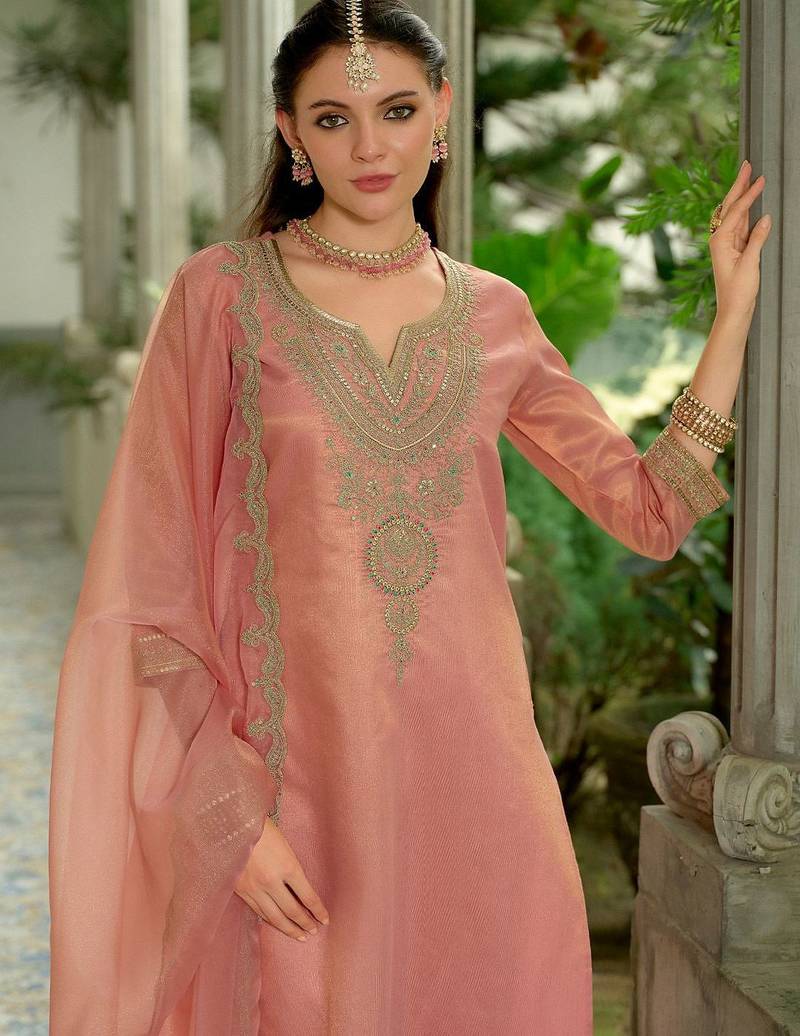 Floral Yoke Design Notch Neck Straight Kurta With Trousers & Dupatta