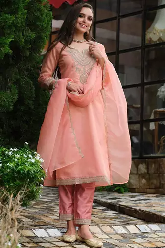 Floral Yoke Design Notch Neck Straight Kurta With Trousers & Dupatta