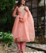 Floral Yoke Design Notch Neck Straight Kurta With Trousers & Dupatta