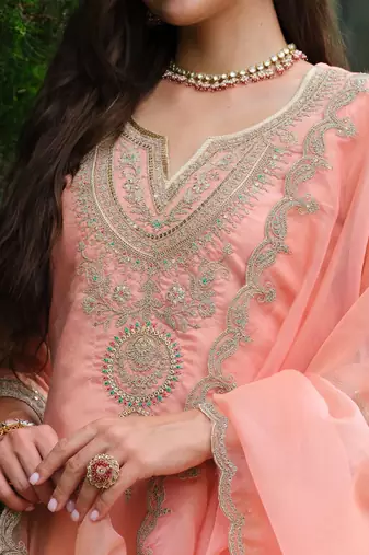 Floral Yoke Design Notch Neck Straight Kurta With Trousers & Dupatta