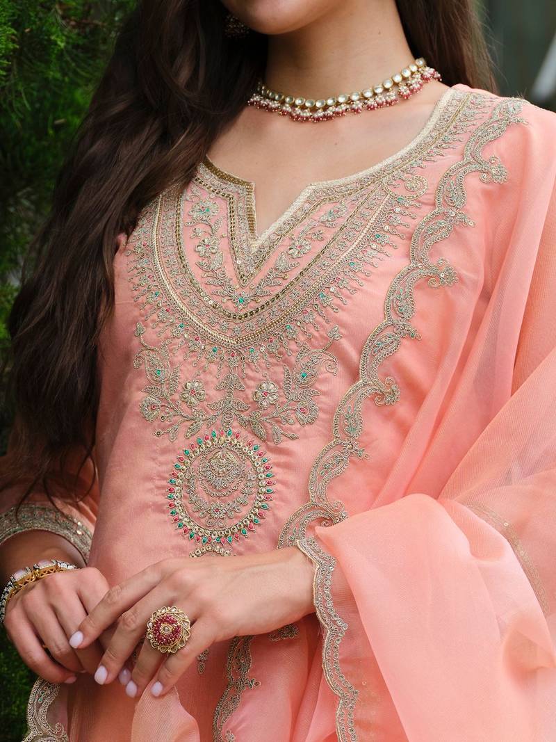 Floral Yoke Design Notch Neck Straight Kurta With Trousers & Dupatta
