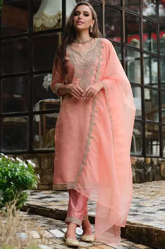 Floral Yoke Design Notch Neck Straight Kurta With Trousers & Dupatta