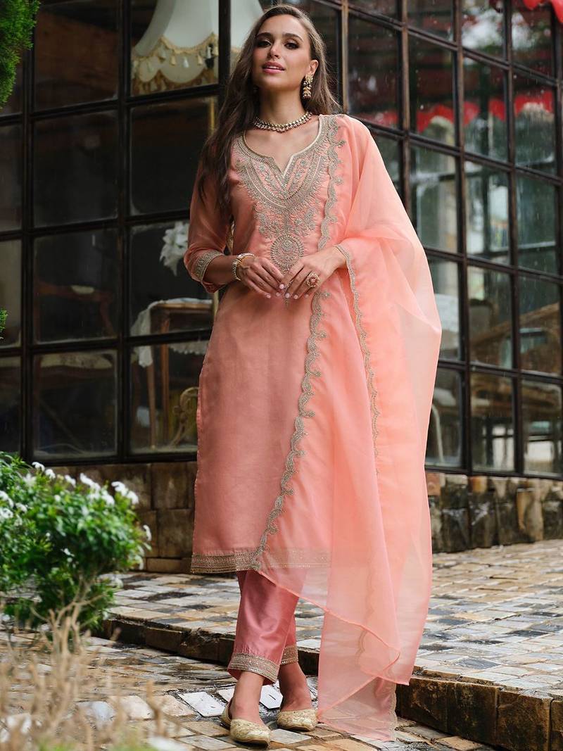 Floral Yoke Design Notch Neck Straight Kurta With Trousers & Dupatta