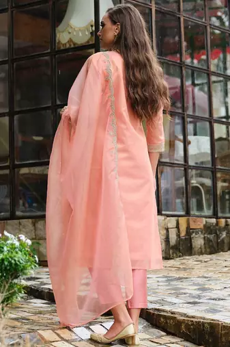 Floral Yoke Design Notch Neck Straight Kurta With Trousers & Dupatta