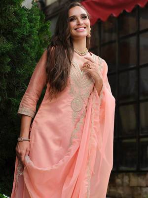 Floral Yoke Design Notch Neck Straight Kurta With Trousers & Dupatta 6