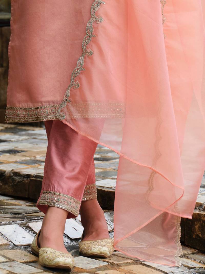 Floral Yoke Design Notch Neck Straight Kurta With Trousers & Dupatta