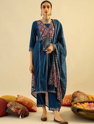 Ethnic Motifs Printed  Cotton Straight Kurta With Trousers & Dupatta 1