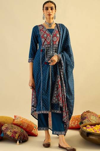 Ethnic Motifs Printed  Cotton Straight Kurta With Trousers & Dupatta