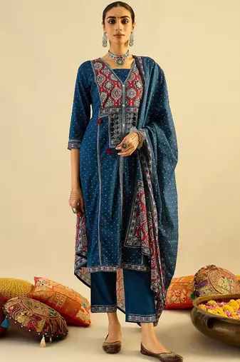 Ethnic Motifs Printed  Cotton Straight Kurta With Trousers & Dupatta