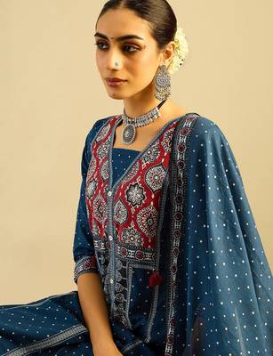 Ethnic Motifs Printed  Cotton Straight Kurta With Trousers & Dupatta 2
