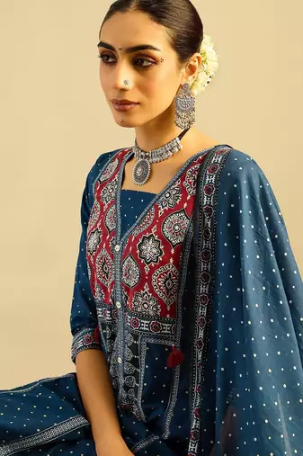 Ethnic Motifs Printed  Cotton Straight Kurta With Trousers & Dupatta