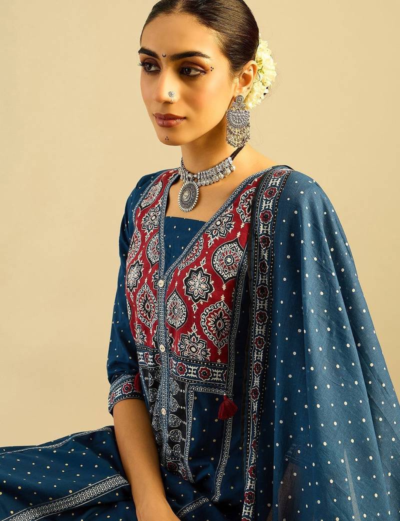 Ethnic Motifs Printed  Cotton Straight Kurta With Trousers & Dupatta