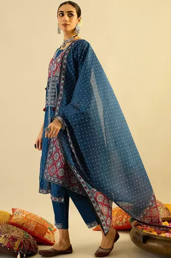 Ethnic Motifs Printed  Cotton Straight Kurta With Trousers & Dupatta