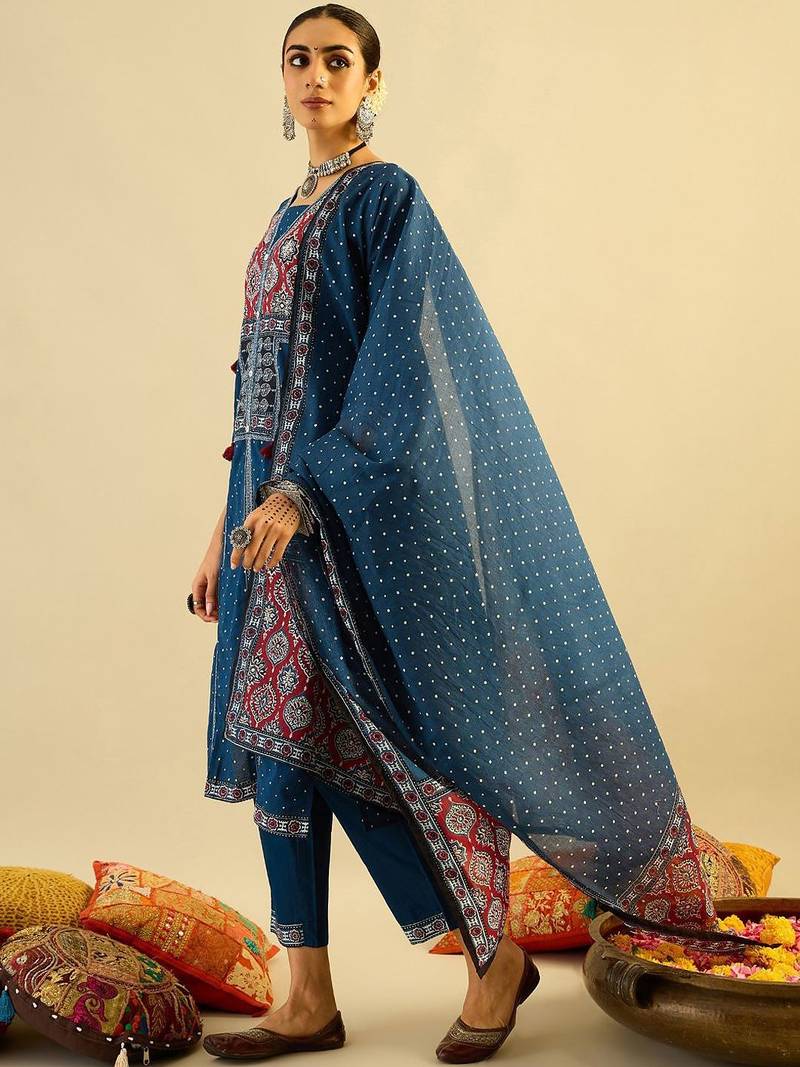 Ethnic Motifs Printed  Cotton Straight Kurta With Trousers & Dupatta