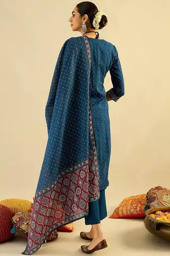 Ethnic Motifs Printed  Cotton Straight Kurta With Trousers & Dupatta